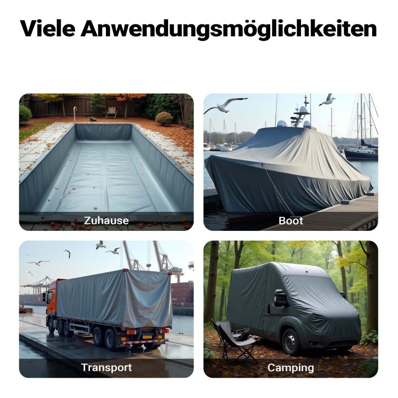 Säänkestävä suojapeite 5 x 9 m, harmaa, PVC-pinnoitettu polyesteri 650 g/m², UV-kestävä, silmukat