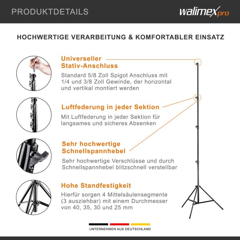 Walimex pro AIR 380 Deluxe valaisinjalkasetti 2 kpl, max 380 cm, ilmajousitus, alumiini, 15 kg kantavuus