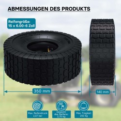 Rengas 15x6.00-6 4 PR ratsastavaan ruohonleikkuriin ja puutarhatraktoriin, sisärengas ja kulmaventtiili