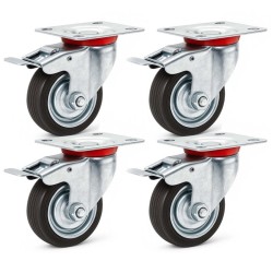 Kääntyvät kokumipyörät 4 kpl, 75 mm, 50 kg/pyörä, kaksoisjarru, kiinnityslevy, musta