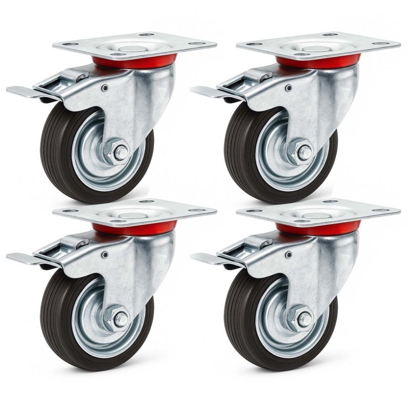 Kääntyvät kokumipyörät 4 kpl, 75 mm, 50 kg/pyörä, kaksoisjarru, kiinnityslevy, musta