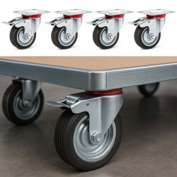 Kääntyvät kokumipyörät 4 kpl, 75 mm, 50 kg/pyörä, kaksoisjarru, kiinnityslevy, musta