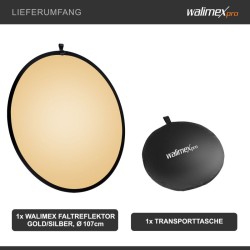 Walimex pro taittuva heijastin Ø 107 cm, kulta/hopea, muoto- ja tuotekuvaukseen, sisältää kantolaukun