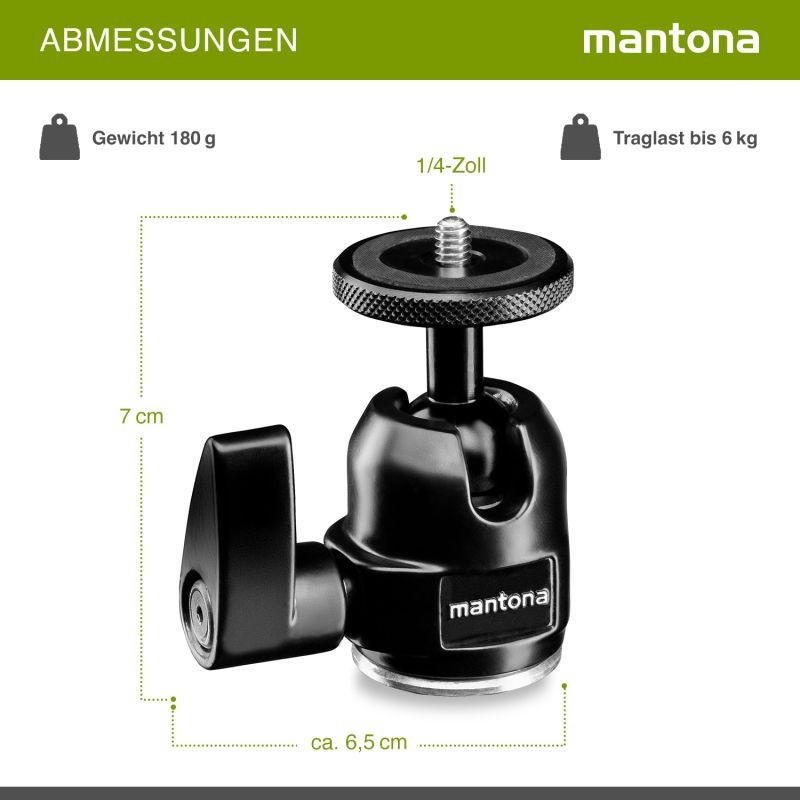 Mantona Small pallopää jalustalle, 360°, alumiini, musta