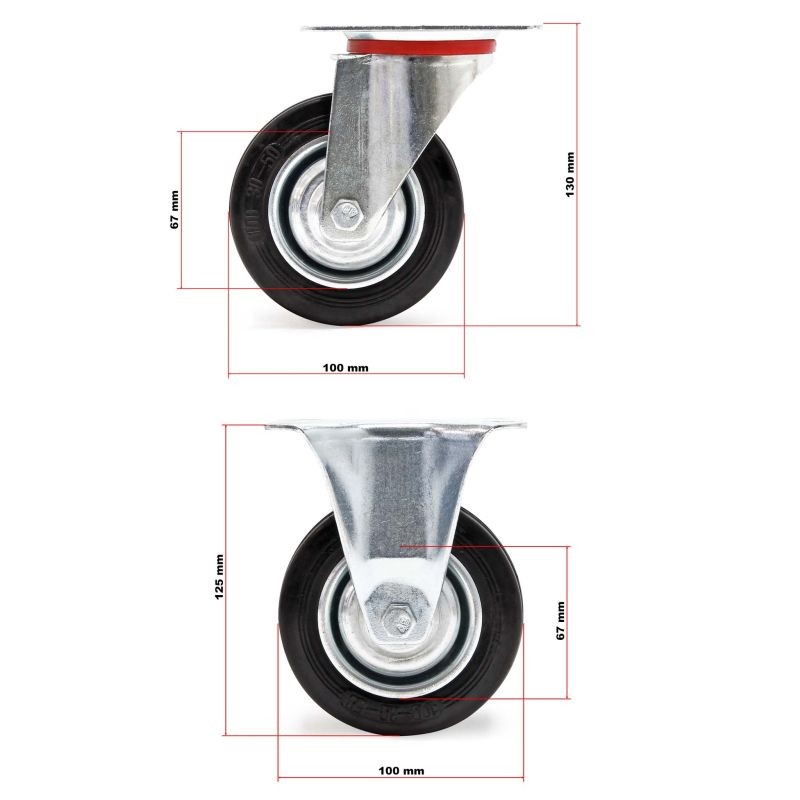 Kuljetuspyöräsarja 100 mm, 2x kääntyvä ja 2x kiinteä pyörä, kiinnityslauta, 70 kg/pyörä