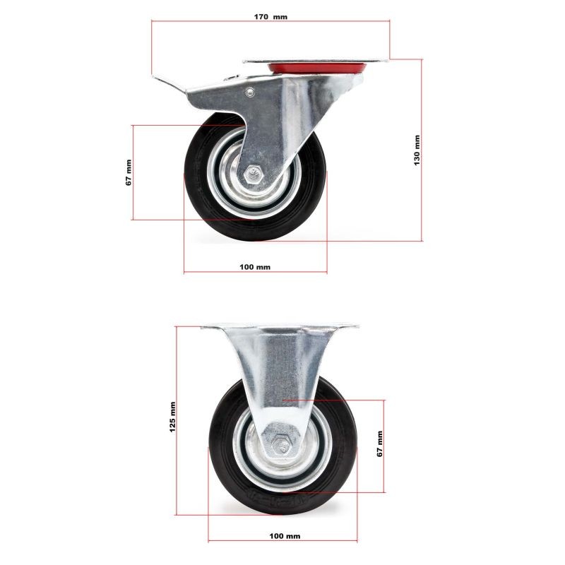 Kuljetuspyöräsarja 100 mm, 2x kääntyvä pyörä kaksoisjarrulla ja 2x kiinteä pyörä, täyskumi, 70 kg/pyörä