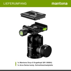 Mantona Onyx 8 pallopää M1 3008A alumiini Arca Swiss yhteensopiva pikavapautuslevy 50 mm 8 kg kantavuus