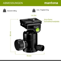 Mantona Onyx 8 pallopää M1-3008A, alumiini, Arca-Swiss-yhteensopiva pikavapautuslevy 50 mm, 8 kg kantavuus