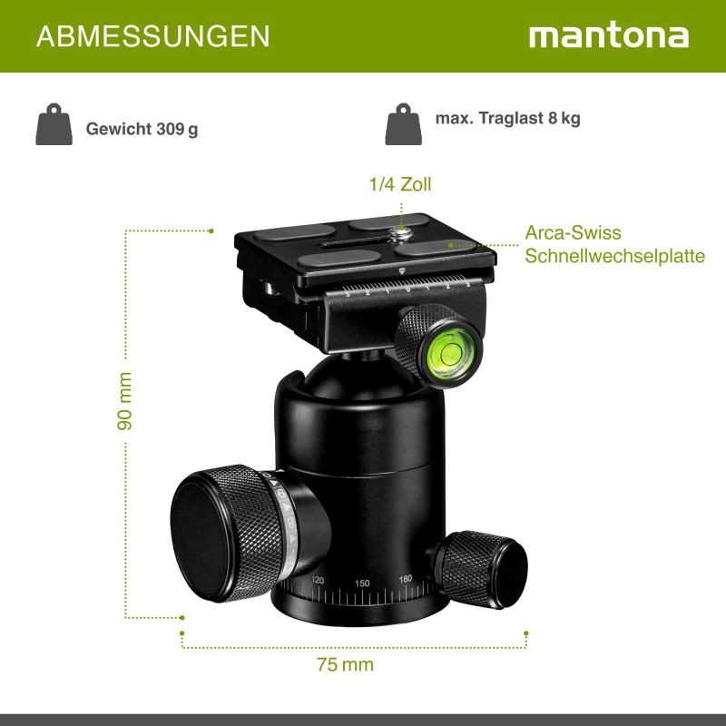 Mantona Onyx 8 pallopää M1-3008A, alumiini, Arca-Swiss-yhteensopiva pikavapautuslevy 50 mm, 8 kg kantavuus