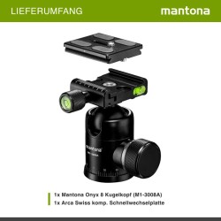 Mantona Onyx 8 pallopää M1-3008A, alumiini, Arca-Swiss-yhteensopiva pikavapautuslevy 50 mm, 8 kg kantavuus