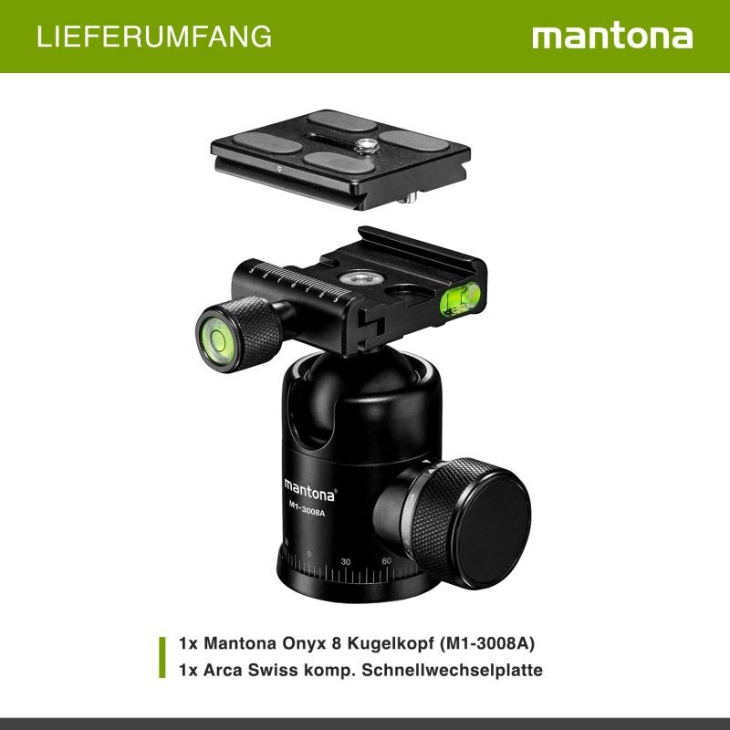 Mantona Onyx 8 pallopää M1-3008A, alumiini, Arca-Swiss-yhteensopiva pikavapautuslevy 50 mm, 8 kg kantavuus