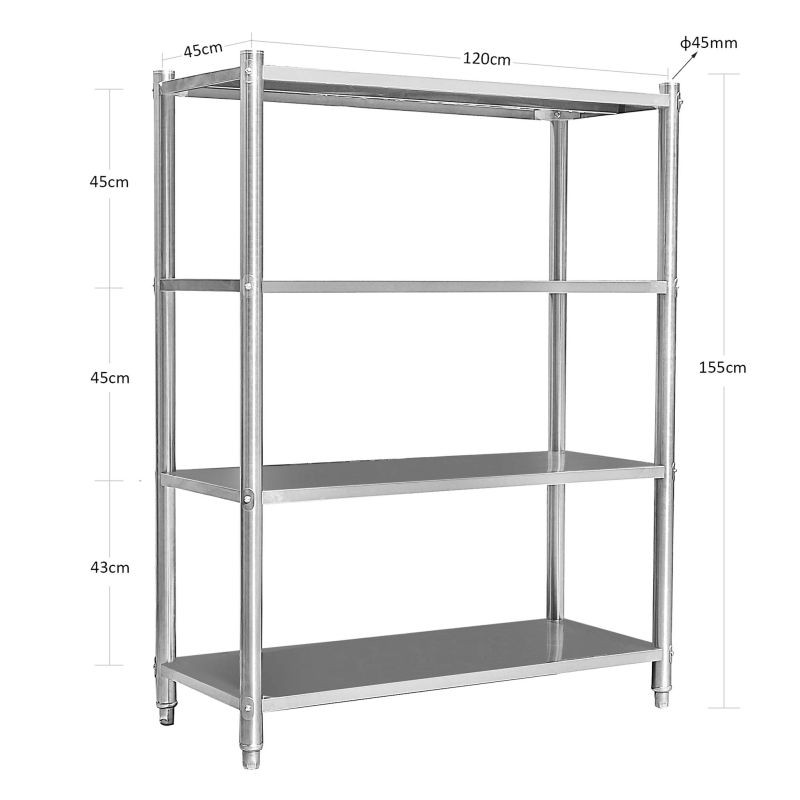 Raskaan sarjan ruostumaton teräshyllykkö V2A 155x120x45 cm, keittiöön, varastoon ja työpajaan