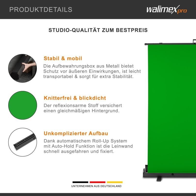 Walimex pro rullattava vihreä Greenscreen-taustaseinä 165 x 220 cm, kuljetuslaatikolla