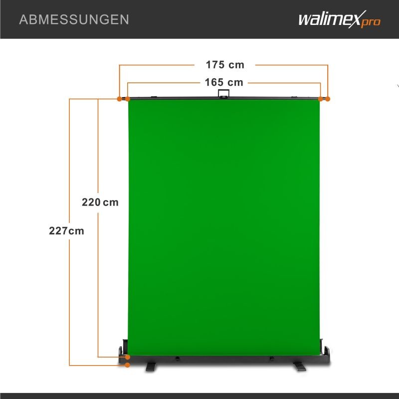 Walimex pro rullattava vihreä Greenscreen-taustaseinä 165 x 220 cm, kuljetuslaatikolla