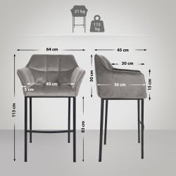 Damaso samettibaarituoli, nelijalkainen, moderni, mukava, hopea/musta/valkoinen