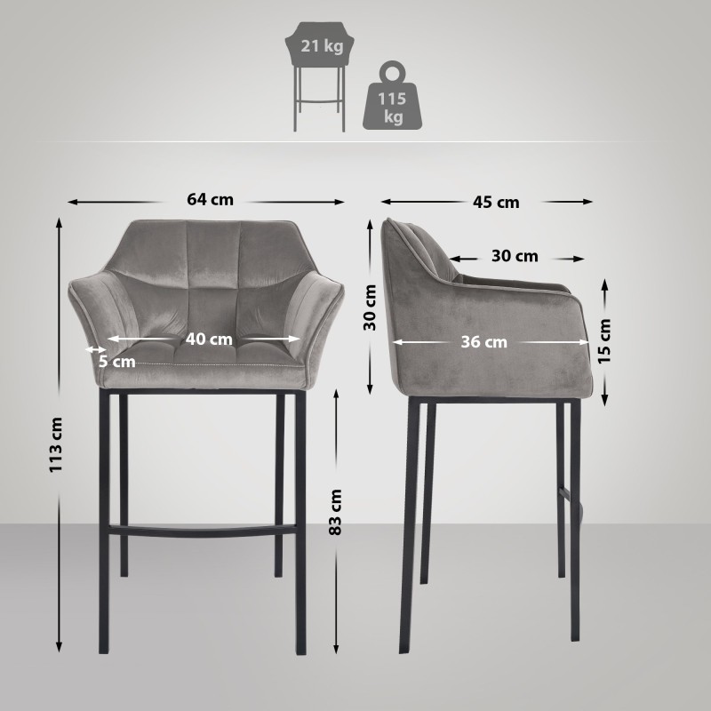 Damaso samettibaarituoli, nelijalkainen, moderni, mukava, hopea/musta/valkoinen