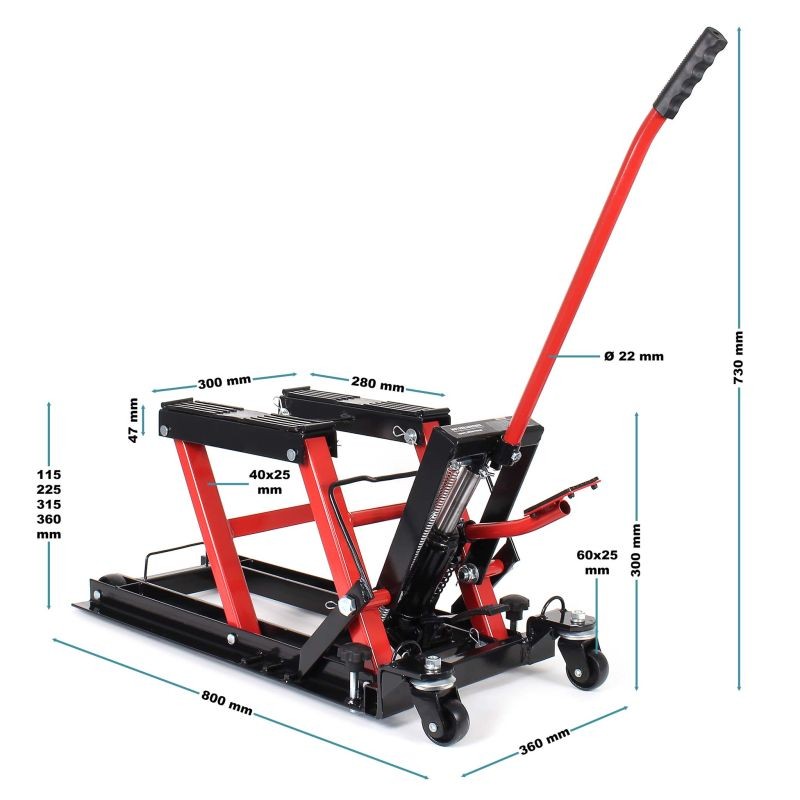 Hydraulinen nostin ja tukiteline mönkijöille, moottoripyörille ja ratsastajaleikkureille, 680 kg