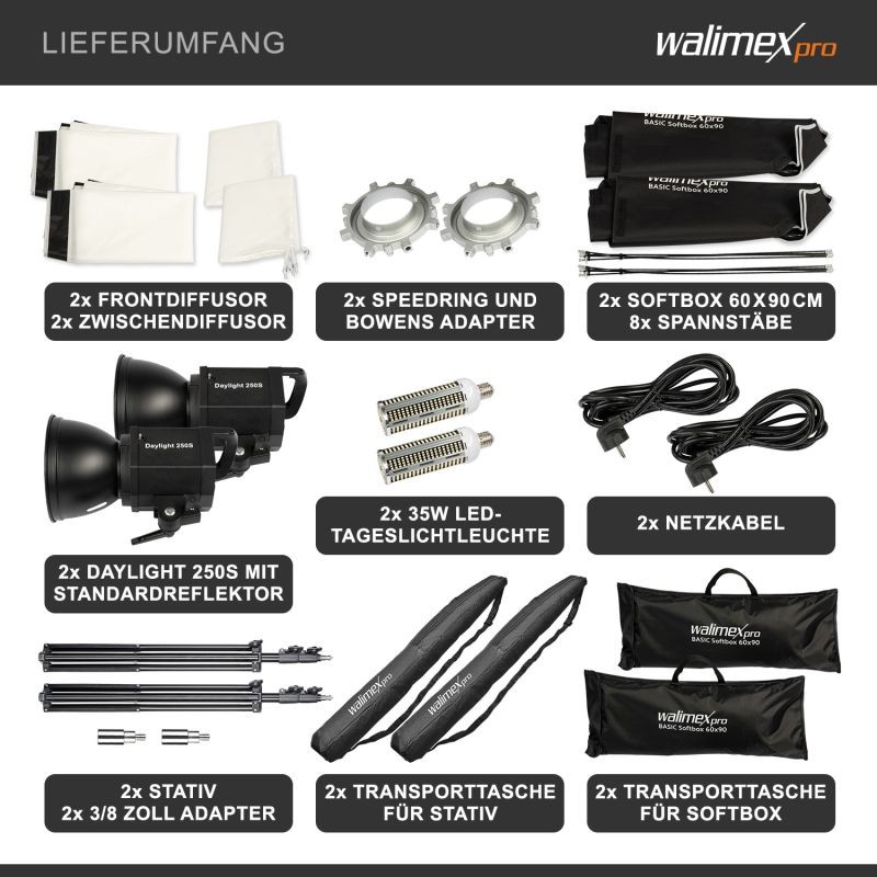 Walimex pro LED-studiovalaisinsetti 2 kpl, 35 W, 60 x 90 cm softboxit, valaisinjalat 256 cm, 5000 K