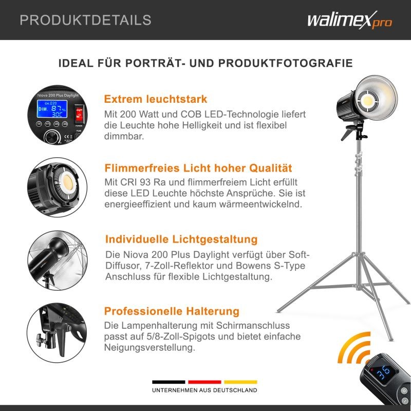 Walimex pro Niova 200 Plus Daylight LED-studiovalo 200 W, Bowens-liitäntä, COB-LED