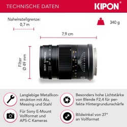 Kipon Iberit 90mm F2.4 manuaalinen objektiivi Sony E -kennolle