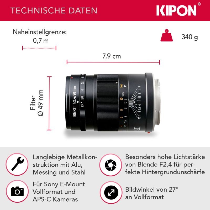 Kipon Iberit 90mm F2.4 manuaalinen objektiivi Sony E -kennolle