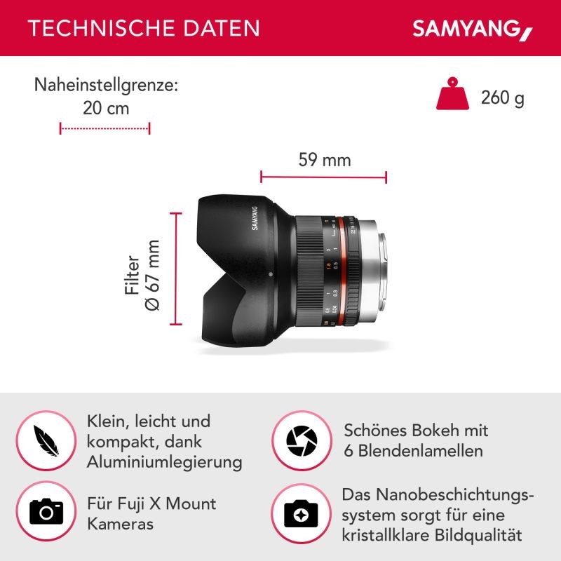 Samyang 12mm F2.0 laaja-kulmainen kiinteä objektiivi Fuji X APS-C MF musta