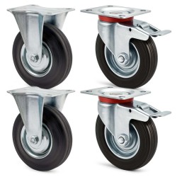 Kuljetuspyöräsarja 125 mm 4 kpl täyskumipyörää musta 2x jarrullinen kääntyvä ja 2x kiinteä 100 kg pyörä