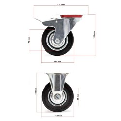 Kuljetuspyöräsarja 125 mm, 4 kpl täyskumipyörää, musta, 2x jarrullinen kääntyvä ja 2x kiinteä, 100 kg/pyörä