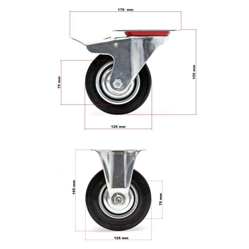Kuljetuspyöräsarja 125 mm, 4 kpl täyskumipyörää, musta, 2x jarrullinen kääntyvä ja 2x kiinteä, 100 kg/pyörä