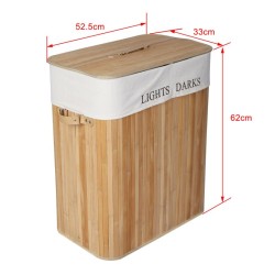 Pyykkikori 105 l, bambu, puunvärinen, kansi, taitettava, 2-osastoinen pellavapussi