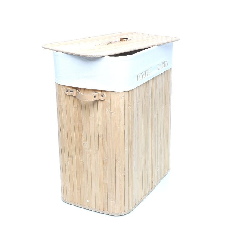 Pyykkikori 105 l, bambu, puunvärinen, kansi, taitettava, 2-osastoinen pellavapussi