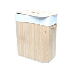 Pyykkikori 105 l, bambu, puunvärinen, kansi, taitettava, 2-osastoinen pellavapussi