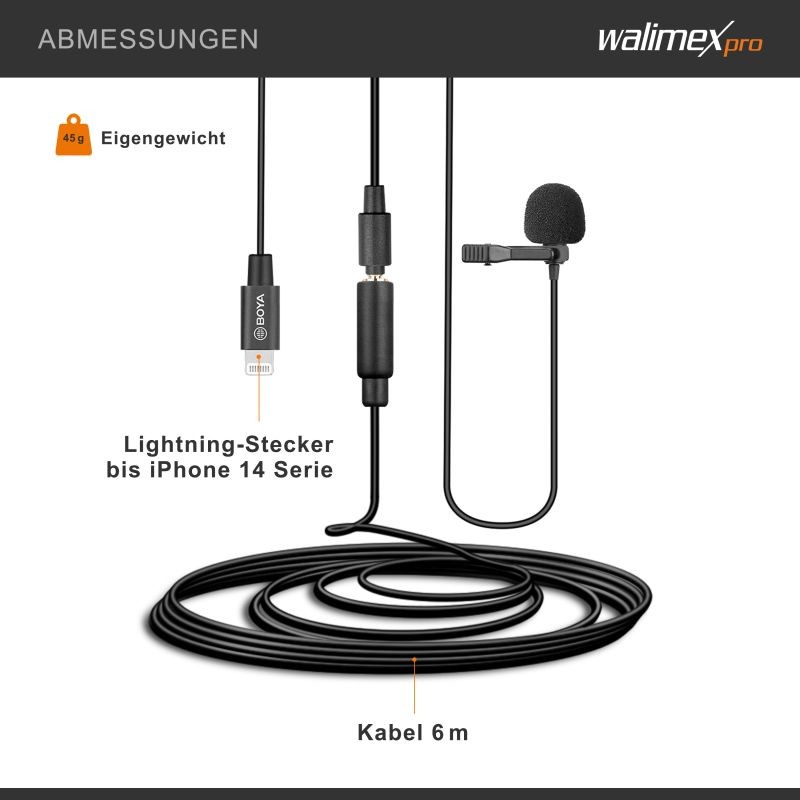 Boya M2 solmiomikrofoni iOS-laitteille, Lightning-adapterilla, 6 m, musta