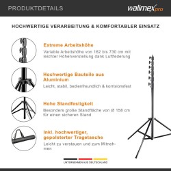 Walimex pro Jumbo AIR valojalka 730 cm, alumiini, 22,5 kg kantavuus, ilmanpaineen vaimennus