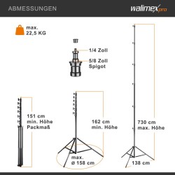 Walimex pro Jumbo AIR valojalka 730 cm, alumiini, 22,5 kg kantavuus, ilmanpaineen vaimennus