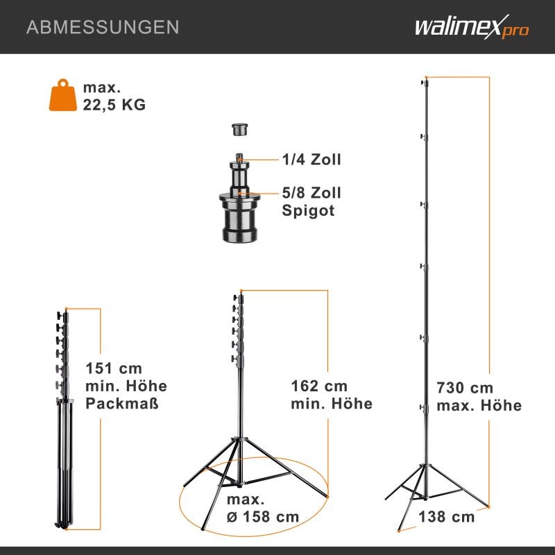 Walimex pro Jumbo AIR valojalka 730 cm, alumiini, 22,5 kg kantavuus, ilmanpaineen vaimennus
