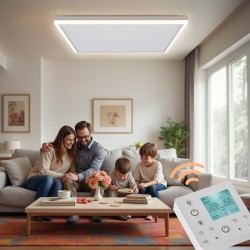 Infrapunalämmitin kattoon LED-valaistuksella ja termostaatilla, 410 W, 65,5 x 63 x 3,5 cm, valkoinen