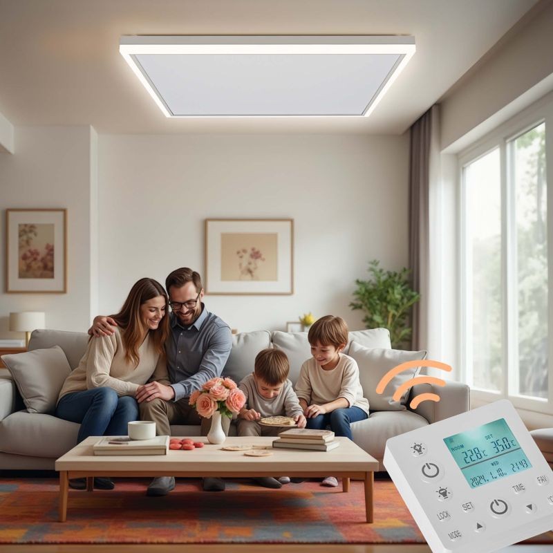 Infrapunalämmitin kattoon LED-valaistuksella ja termostaatilla, 410 W, 65,5 x 63 x 3,5 cm, valkoinen