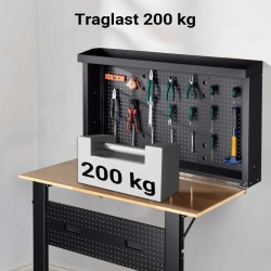 Taitettava työpöytä seinäkiinnityksellä, kumipuinen työtaso, rei'itystäulevy, 120,5 x 80 x 167 cm, 200 kg