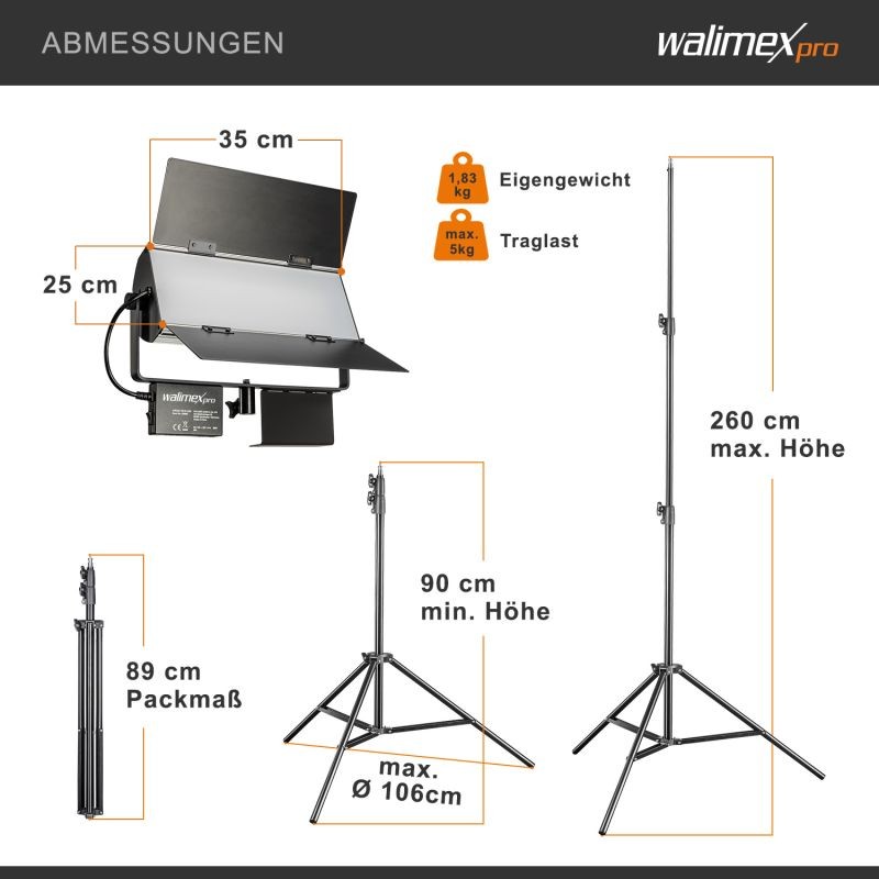 Walimex pro Sirius 160 Bi-Color LED-valaisinsetti 2 kpl, 65 W, jalustat 90-260 cm ja kaukosäädin