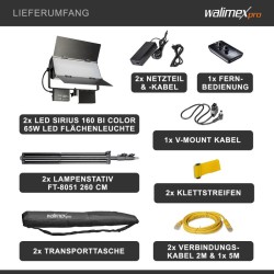 Walimex pro Sirius 160 Bi-Color LED-valaisinsetti 2 kpl, 65 W, jalustat 90-260 cm ja kaukosäädin
