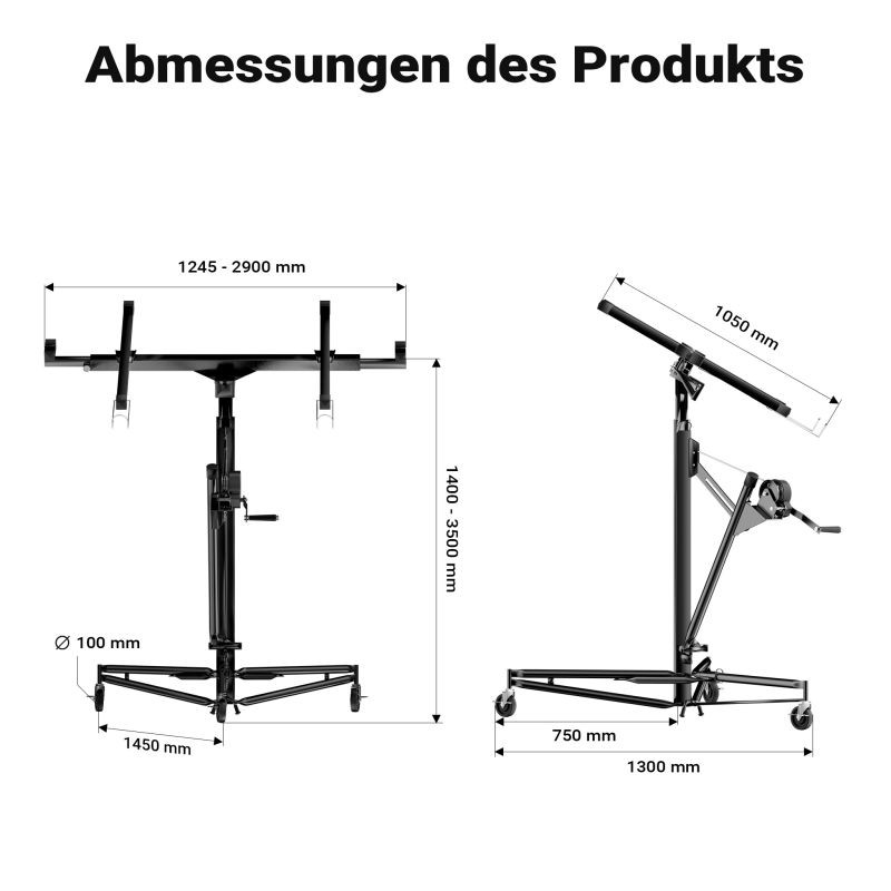 Levynnostin SET XXL, max 68 kg, korkeus 140-465 cm, leveys max 2,90 m, 3 pyörää, musta