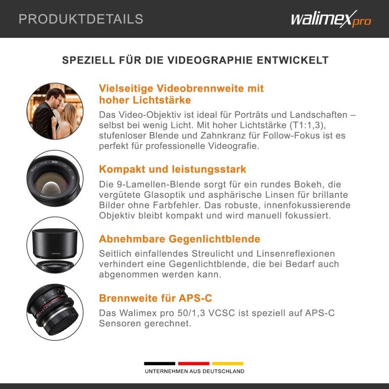 Walimex Pro 21146 50 mm T1,3 videobjektivi Sony E -bajonetille