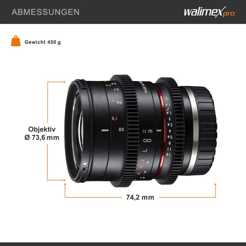 Walimex Pro 21146 50 mm T1,3 videobjektivi Sony E -bajonetille