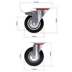 Kuljetuspyörien setti 125 mm, 4 kpl (2x lukittava, 2x kääntyvä), täyskumi, 100 kg/pyörä, musta