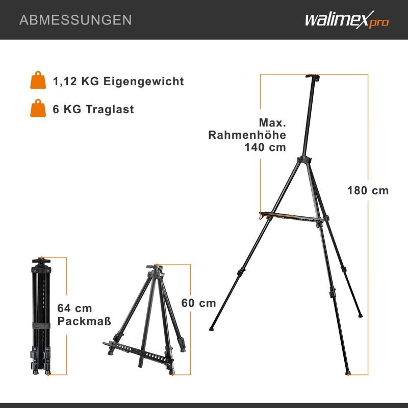 Walimex pro Alumiininen maalausteline XL 60-180 cm, kankaille max 140 cm, sisältää kantolaukun