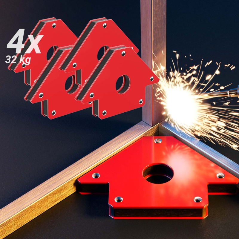 Hitsausmagneettisetti 4 kpl, 32 kg, 190 x 120 x 26 mm, 45°, 90°, 135°, punainen