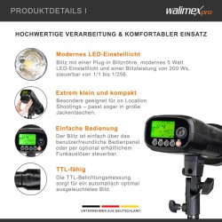 Walimex pro Mover 200 TTL akkukäyttöinen studiosalama-setti, 200 W, TTL, HSS, 2,4 GHz, WT-803-valojalusta