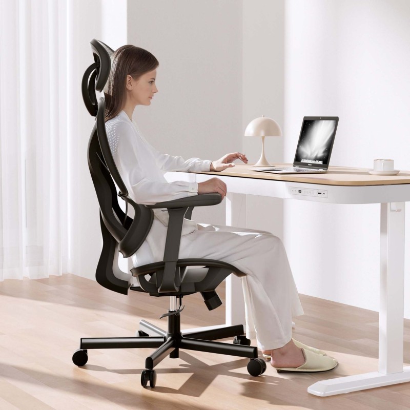 Ergonominen työtuoli, musta, säädettävä niskatuki, selkänoja ja käsinojat, max 150 kg