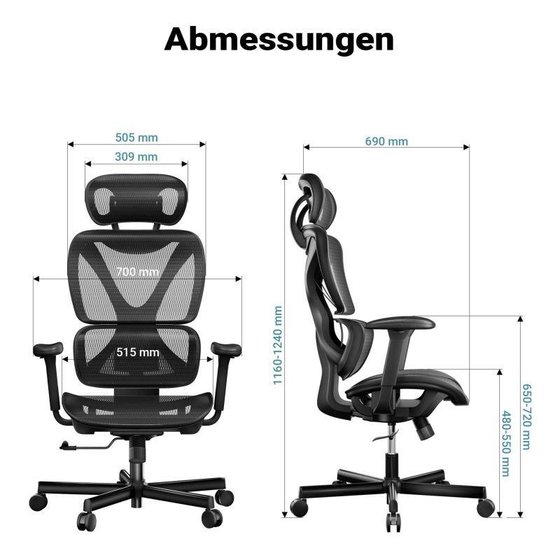 Ergonominen työtuoli, musta, säädettävä niskatuki, selkänoja ja käsinojat, max 150 kg